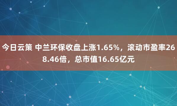 今日云策 中兰环保收盘上涨1.65%，滚动市盈率268.46倍，总市值16.65亿元